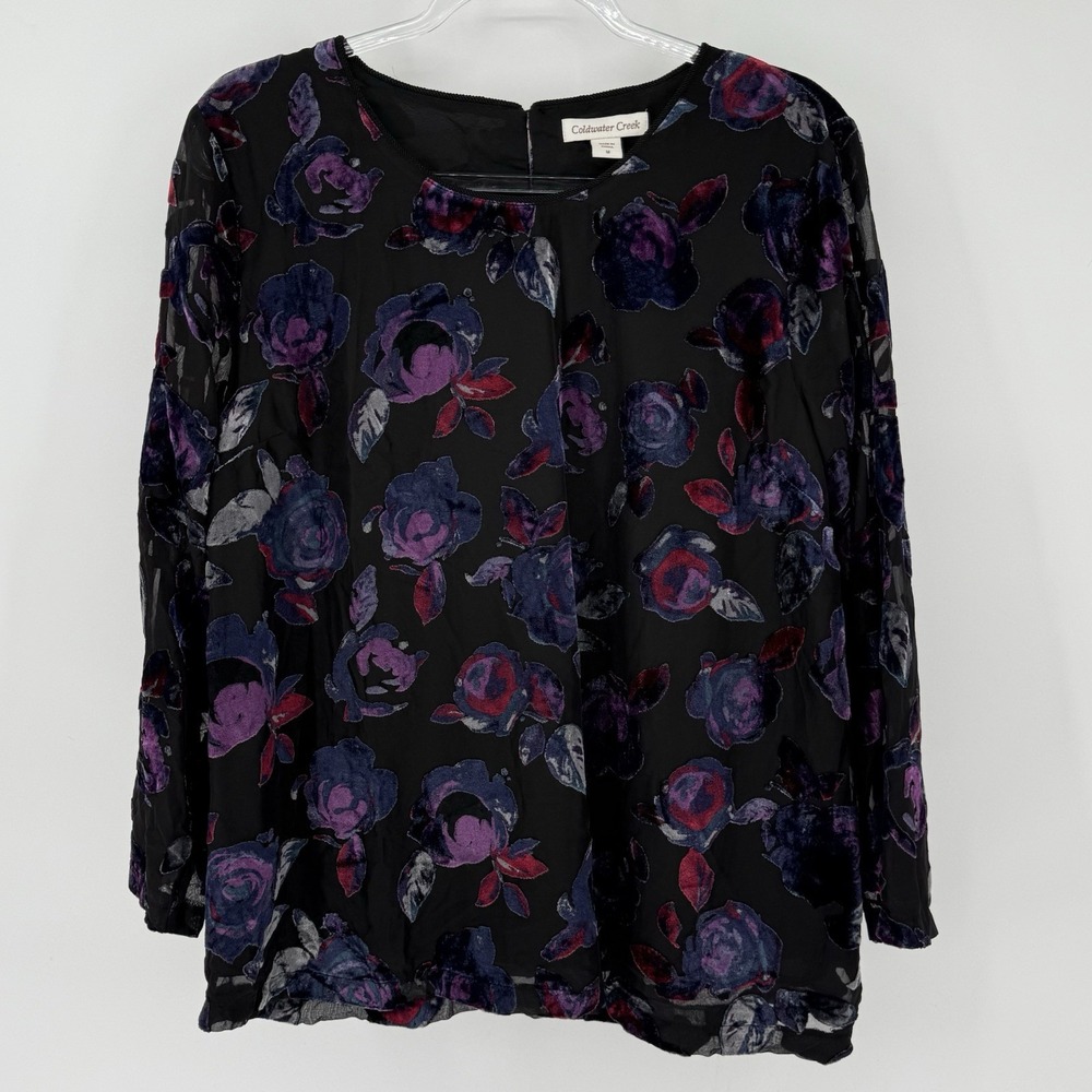 Coldwater Creek Velvet Burnout Sheer Long‎ Sleeve Top Black Purple M. Whimsigoth